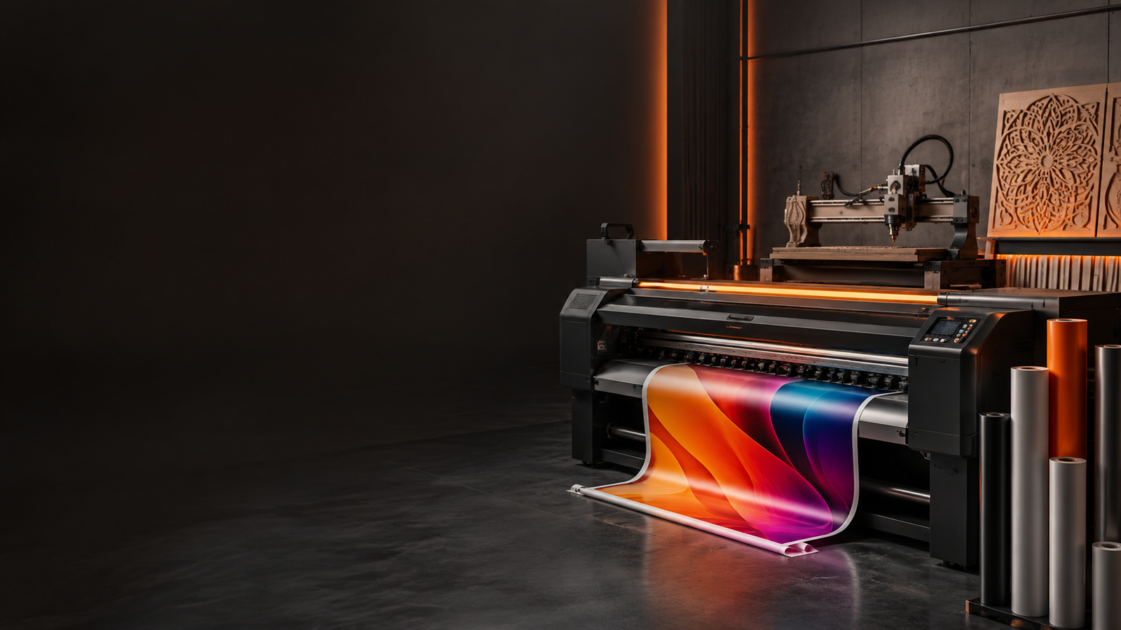 VINYLCNC banner visual with premium print and CNC setup